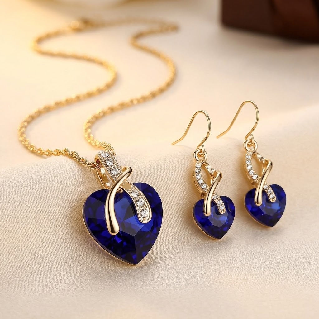Collier en cœur en saphir doré et ensemble de boucles d'oreilles